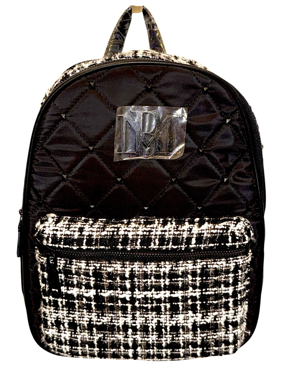 Badgley Mischka Black Quilted Backpack with Black-and-White Tweed Pocket